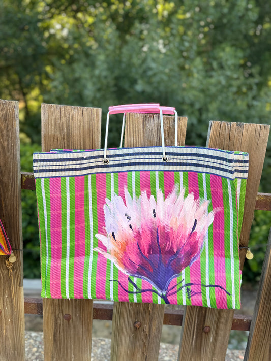 Bolso, plástico, reciclado, verde y fucsia
