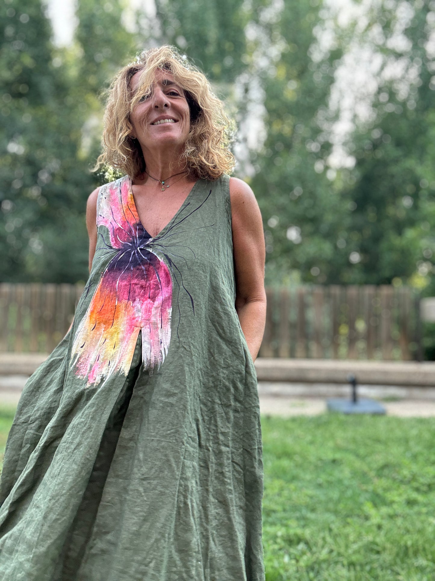 Vestido lino kaki