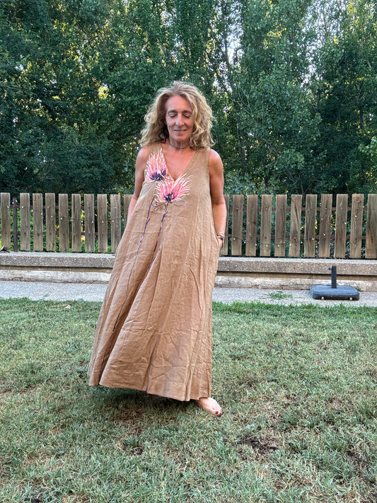 Vestido lino camel