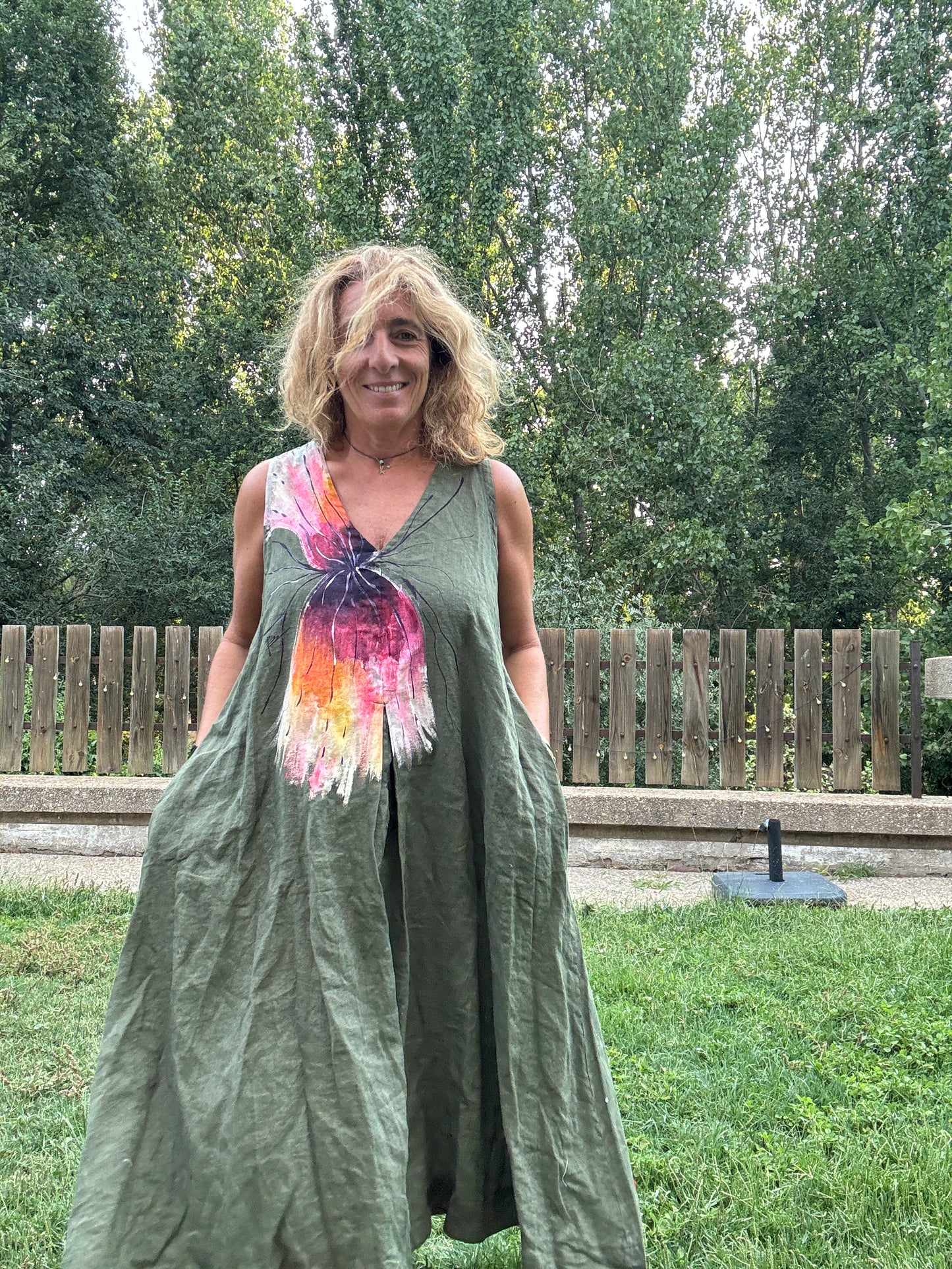 Vestido lino kaki