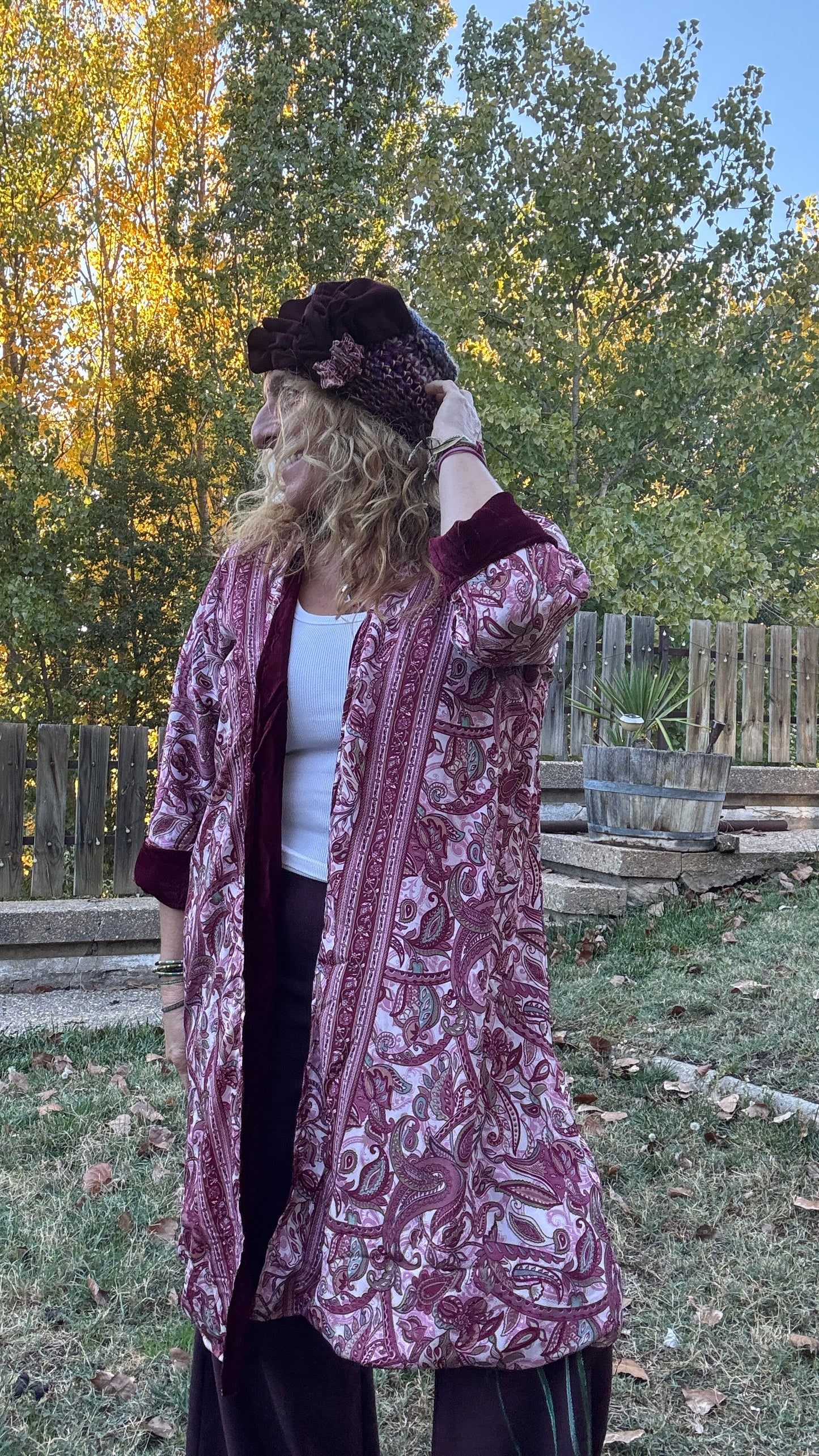 Kimono reversible terciopelo - seda granate