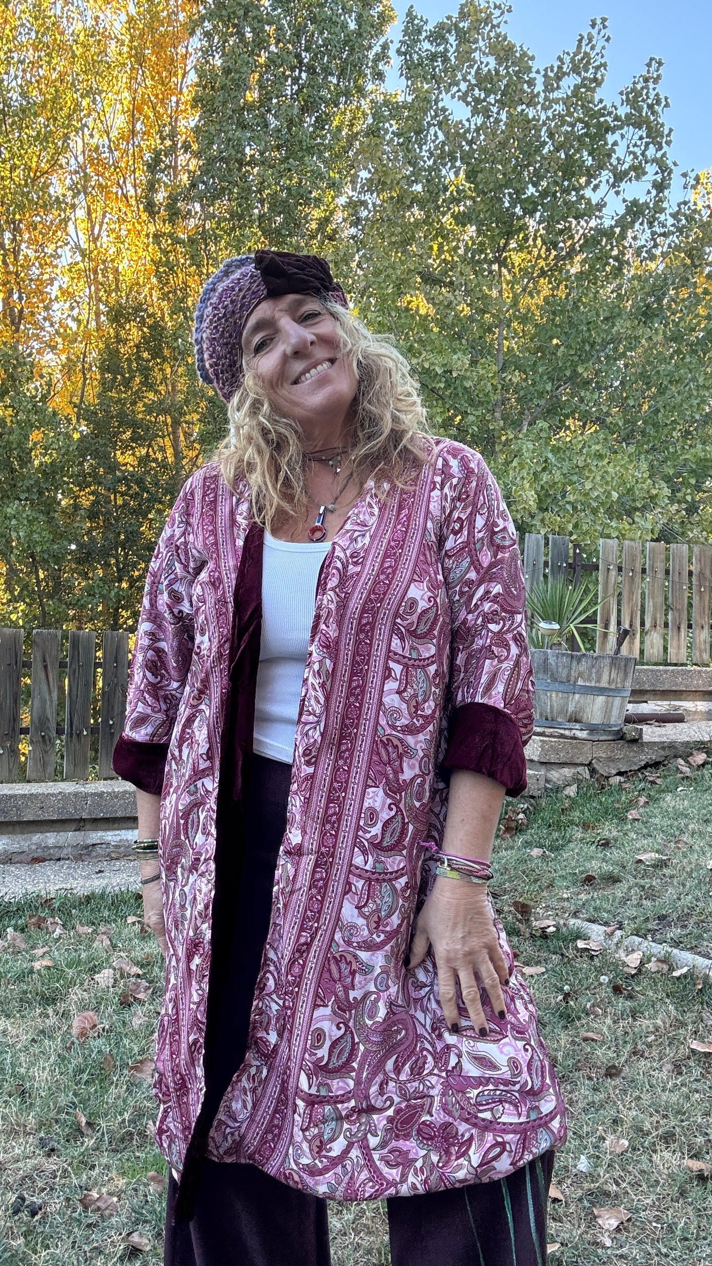 Kimono reversible terciopelo - seda granate